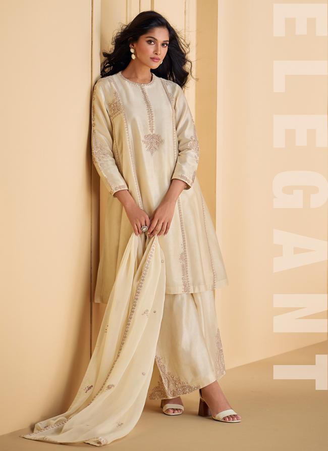 Pure Real Silk Cream Casual Wear Embroidery Work Readymade Plazzo Suit